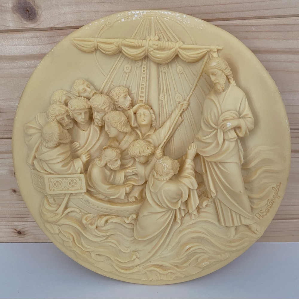 1986 Vintage Alabaster Plate Christ Walks Upon the Water Alberto Santangela